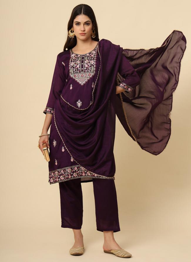 Silk Blend Wine Casual Wear Embroidery Work Readymade Kurti Set